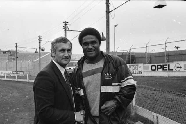 Ex-Derry City captain, Doug Wood, greets the great Eusebio at Brandywell.