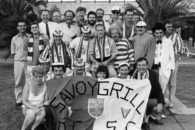 Members of the Savoy Grill Derry City Supporters Club get into the swing of things as they arrive in Lisbon ahead of the second leg.