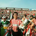 Derry City striker, Noel Larkin and Paul Carlyle  pictured with the FAI Cup as the Candy Stripes completed the 1988/89 treble.