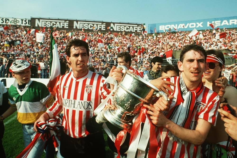 Derry City striker, Noel Larkin and Paul Carlyle  pictured with the FAI Cup as the Candy Stripes completed the 1988/89 treble.