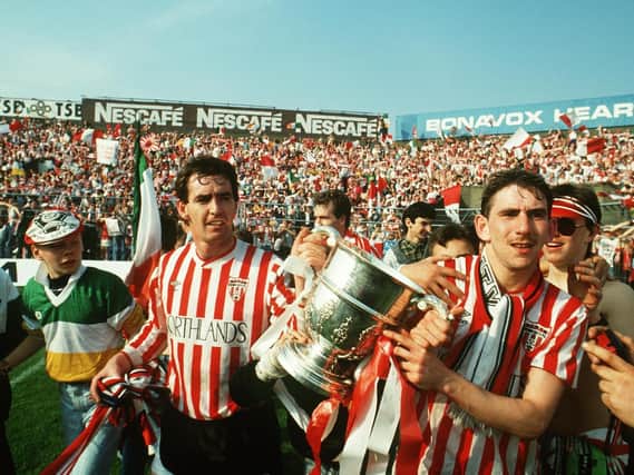 Derry City striker, Noel Larkin and Paul Carlyle  pictured with the FAI Cup as the Candy Stripes completed the 1988/89 treble.