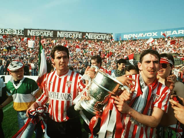 Derry City striker, Noel Larkin and Paul Carlyle  pictured with the FAI Cup as the Candy Stripes completed the 1988/89 treble.