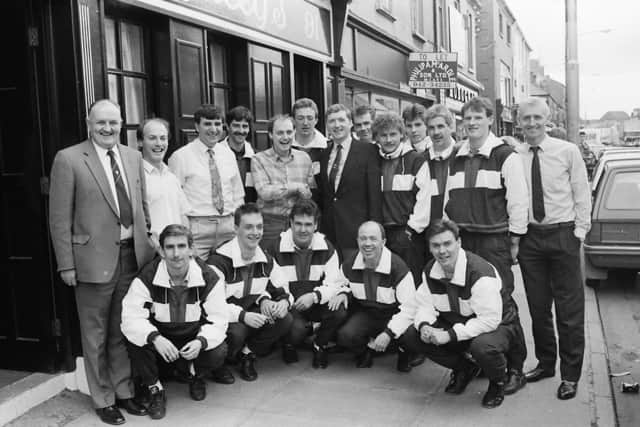 The Derry City team and management ahead of the 1989 FAI Cup Final.