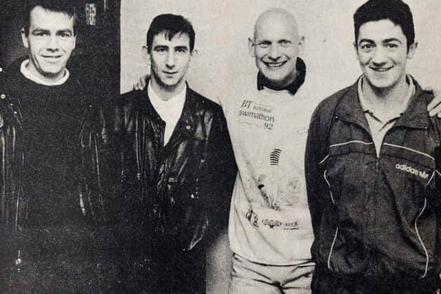 Olympic Gold Medallist, Duncan Goodhew, pictured with Derry City F.C. players Stuart Gauld, Paul Carlyle and Peter Hutton.