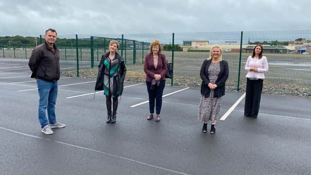 Foyle MLA Martina Anderson with Communities Minister Carál Ní Chuilín, Sinn Féin Senator Elisha McCallion, Foyle MLA Karen Mullan and Derry & Strabane Councillor Mickey Cooper at Catalyst Inc in Derry to discuss the progress on development at the rest of the Fort George site.