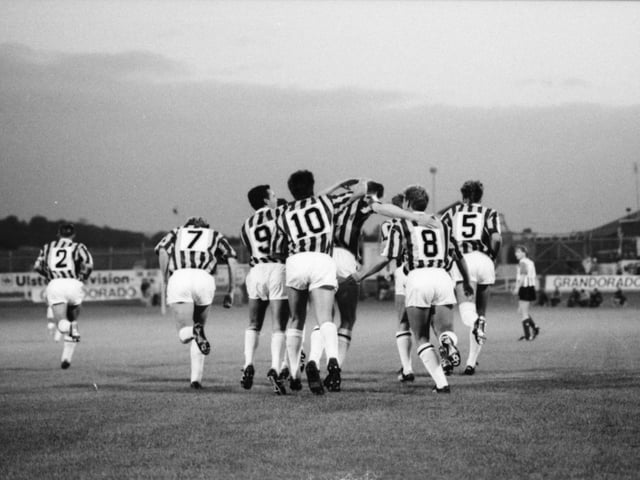 The Vitesse Arnhem players celebrate Huub Loeffens 18 minute goal during the first leg of their UEFA Cup first round clash at Brandywell Stadium