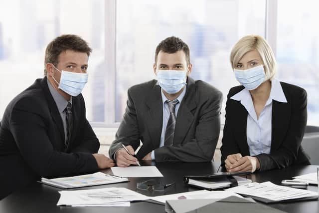 Business people fearing h1n1 swine flu virus wearing protective face mask during meeting at office. Click here for more Business images: 
 
[url=my_lightbox_contents.php?lightboxID=1500413][img]http://www.nitorphoto.com/istocklightbox/businesspeople.jpg[/img][/url] 
 
[url=my_lightbox_contents.php?lightboxID=3209528][img]http://www.nitorphoto.com/istocklightbox/beigebusiness.jpg[/img][/url] 
 
[url=my_lightbox_contents.php?lightboxID=1708462][img]http://www.nitorphoto.com/istocklightbox/womeninbusiness.jpg[/img][/url] 
 
[url=my_lightbox_contents.php?lightboxID=4993174][img]http://www.nitorphoto.com/istocklightbox/isolatedbusiness.jpg[/img][/url]