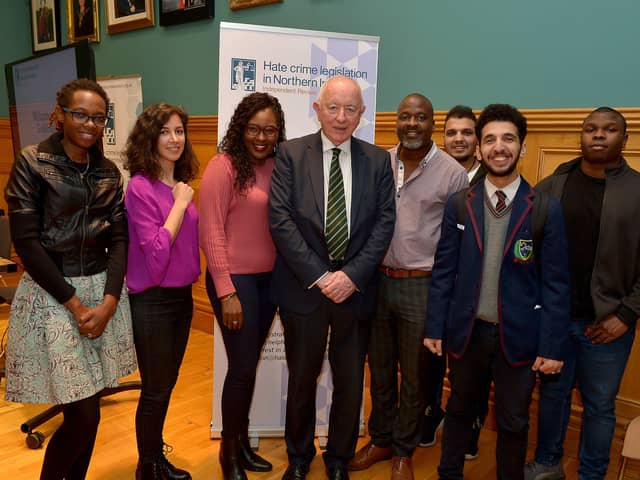 MARCH 4TH 2020: Judge Desmond Marrinan, Head of Review, pictured with members of the NW Migrant Forum, Paulette Mutiziztare, Aynaz Zarif, Lilian Seenoi-Barr, Forum Director, Tshamang Mushapo, Hyder Hasan, Yousuf Hassan and Tamal Simpson at the Review of Hate Crime Legislation Outreach Event held in the Guildhall on Wednesday evening .  DER1020GS – 010