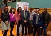 MARCH 4TH 2020: Judge Desmond Marrinan, Head of Review, pictured with members of the NW Migrant Forum, Paulette Mutiziztare, Aynaz Zarif, Lilian Seenoi-Barr, Forum Director, Tshamang Mushapo, Hyder Hasan, Yousuf Hassan and Tamal Simpson at the Review of Hate Crime Legislation Outreach Event held in the Guildhall on Wednesday evening .  DER1020GS – 010