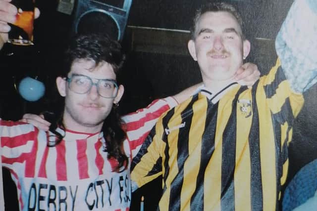 Derry City supporter, Cyril Hargan gets friendly with a Vitesse supporter he would meet again 13 years later.