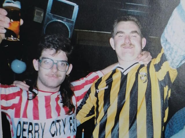 Derry City supporter, Cyril Hargan gets friendly with a Vitesse supporter he would meet again 13 years later.