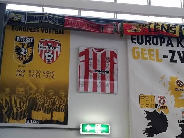 A Derry City shirt hangs proudly at Vitesse Arnhems social club next to the stadium.