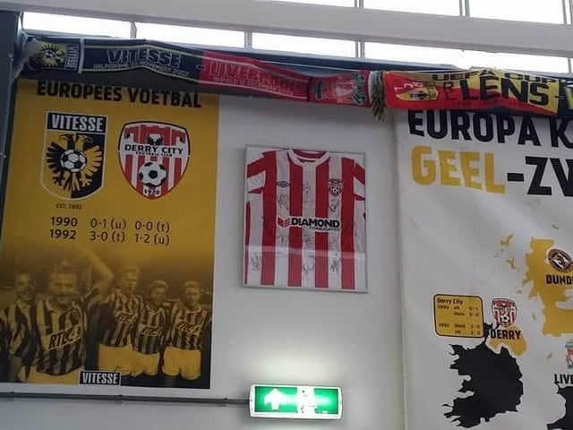 A Derry City shirt hangs proudly at Vitesse Arnhems social club next to the stadium.