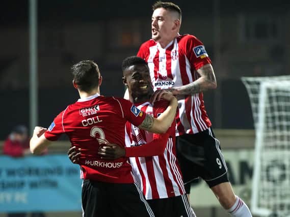 Junior Ogedi-Uzokwe celebrates scoring on the final day of the 2019 Airtricity League campaign against Finn Harps.