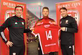 Derry City's new signing, Jake Dunwoody pictured with City boss, Declan Devine and assistant manager, Kevin Deery.
