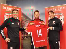 Derry City's new signing, Jake Dunwoody pictured with City boss, Declan Devine and assistant manager, Kevin Deery.