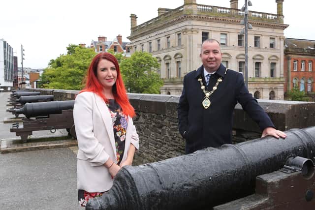 Louise Haigh enjoys a tour of the City Walls with Mayor Brian Tierney.