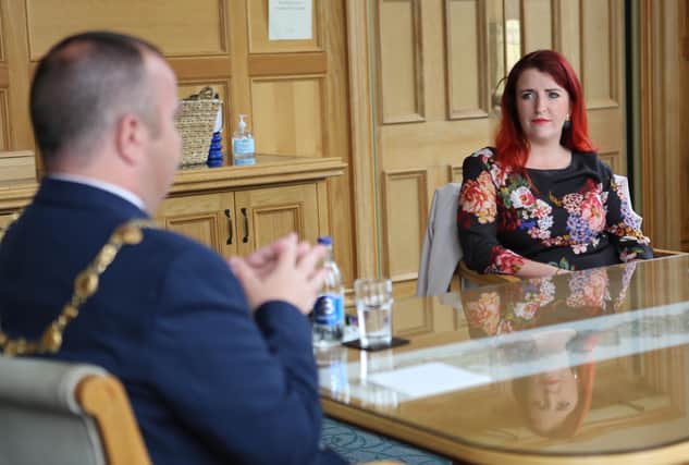 Shadow Secretary of State for Northern Ireland Louise Haigh with the Mayor of Derry and Strabane, Councillor Brian Tierney during her visit to the city.