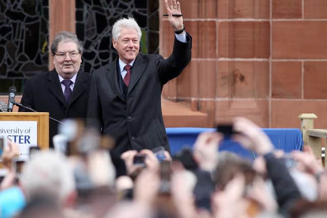 2014: John Hume and Bill Clinton pictured in front of the Guildhall. (PressEye)