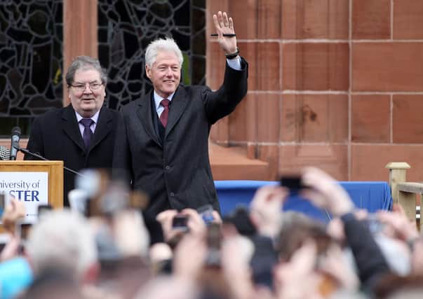 2014:  John Hume and Bill Clinton pictured in front of the Guildhall. (PressEye)