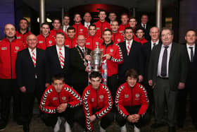 The Mayor of Derry hosts a Civic Reception for Derry City in recognition in winning the 2012 FAI Cup. The Mayor of Derry, Councillor Kevin Campbell, with players, management and officials of Derry City. Included is John Hume, Nobel Laureate and the club's President.