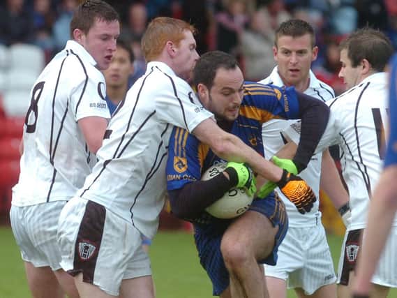 Steelstown manager Eamon Gibson in action against Castledawson during the 2010 Derry Intermediate final in Celtic Park.