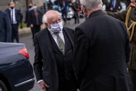 President of Ireland, Michael D. Higgins, arrives at St Eugene’s Cathedral for John Hume’s funeral.