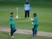 Ireland captain Andrew Balbirnie (left) celebrates reaching his century with team-mate Paul Stirling during the third One Day International match at the Ageas Bowl