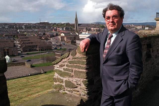 PACEMAKER BELFAST   John Hume pictured on the Walls of Derry over looking his maiden City. Pic taken spring 1998