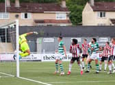 Shamrock Rovers goalkeeper, Alan Mannus denies Ciaron Harkin an equaliser in stoppage time with this fantastic save. Picture by Kevin Moore (Maiden City images).