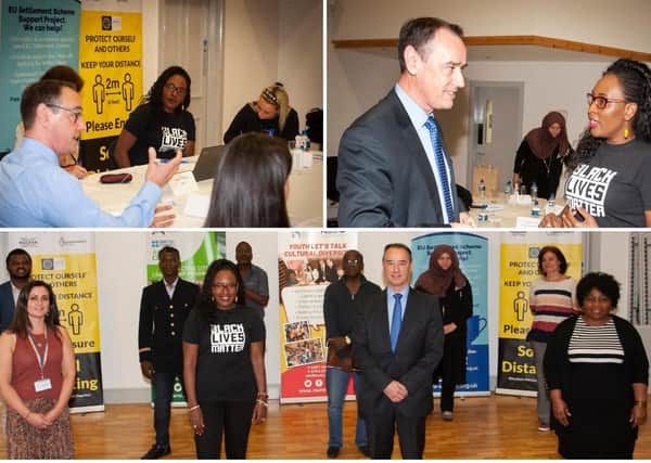 Front row left to right Orla Mc Stravick, TEO, Lilian Seenoi-Barr Director of Programmes NWMF, Dr Mark Browne, TEO, Beverly Simpson NWMF. Back row; Adekanmi Abayomi, EMSNI, Tura Cuthbert, Friend of NWMD, Tshamano Mosapho- NWMF, Reginald Clark- United against Racism, Naomi Green, Belfast Islamic centre and Hannah Davies NWMF.