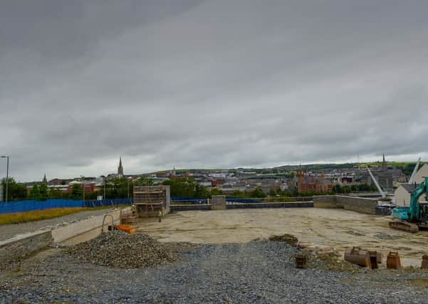 Ongoing redevelopment work at the King Street Roundabout end of Ebrington Square. DER2030GS - 006