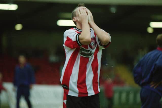 AGONY . . . Derry City talisman, Liam Coyle holds his head in frustration as he watches another chance go begging against Maribor at Brandywell.