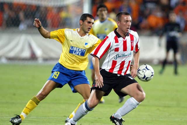 Derry City striker, Liam Coyle holds up the play against the Cypriots.