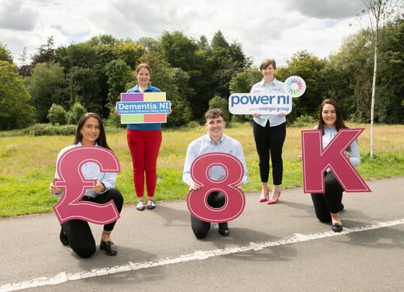 Three Power NI placement students Amy McBride, Eoin Logue and Cara McKinstry helped raised £8000 for the energy company’s charity partner, Dementia NI. Pictured (l-r) are Amy, Fionnuala Savage (Dementia NI) Eoin, Gwyneth Compston (Power NI) and Cara.