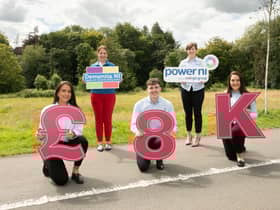 Three Power NI placement students Amy McBride, Eoin Logue and Cara McKinstry helped raised £8000 for the energy company’s charity partner, Dementia NI. Pictured (l-r) are Amy, Fionnuala Savage (Dementia NI) Eoin, Gwyneth Compston (Power NI) and Cara.
