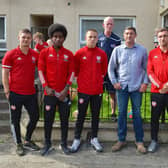 Ryan McBrides father Lexie pictured with Derry City manager Declan Devine and first team players from left to right Colm Horgan, Walter Figueira, Jack Malone, Joe Thomson and Ibrahim Meite, at the A Day for Ryan McBride held in the Brandywell area on Wednesday afternoon last.