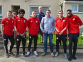 Ryan McBrides father Lexie pictured with Derry City manager Declan Devine and first team players from left to right Colm Horgan, Walter Figueira, Jack Malone, Joe Thomson and Ibrahim Meite, at the A Day for Ryan McBride held in the Brandywell area on Wednesday afternoon last.