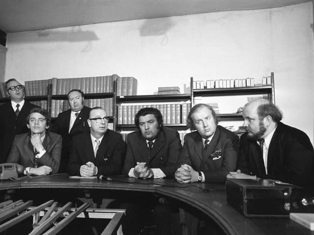 A Social Democratic and Labour Party press conference at the Tribine offices in Smithfield. (l-r) Austin Currie MP, Gerry Fitt MP, John Hume MP, Ivan Cooper MP and Paddy O'Hanlon. Behind them is Edward McGrady (left) and Paddy Devlin MP.