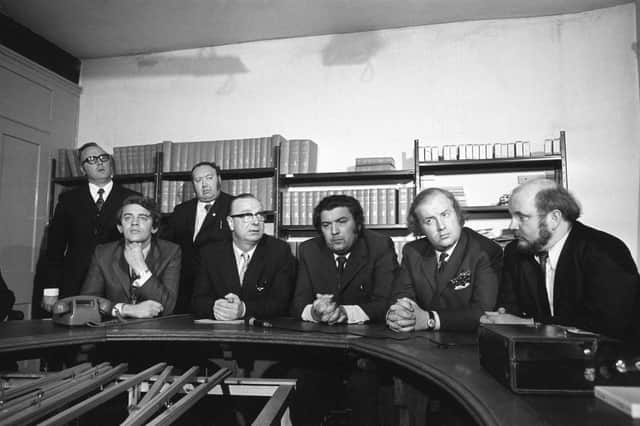 A Social Democratic and Labour Party press conference at the Tribine offices in Smithfield. (l-r) Austin Currie MP, Gerry Fitt MP, John Hume MP, Ivan Cooper MP and Paddy O'Hanlon. Behind them is Edward McGrady (left) and Paddy Devlin MP.