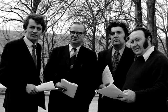 Socialist Democratic Labour Party leaders, (left to right) Austin Currie, Gerry Fitt, John Hume and Paddy Devlin, during the meeting at Cappagh.