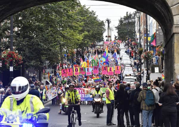 2019: The Foyle Pride Festival parade makes it's way down Shipquay Street. DER3519-117KM