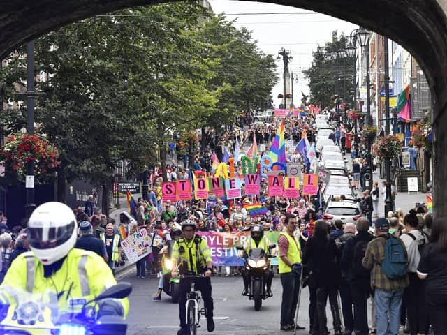 2019: The Foyle Pride Festival parade makes it's way down Shipquay Street. DER3519-117KM