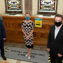 Shadow Chancellor Anneliese Dodds MP with Mayor Brian Tierney and SDLP leader Colum Eastwood when she visited the Guildhall.