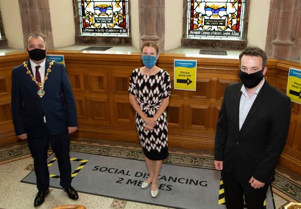 Shadow Chancellor Anneliese Dodds MP with Mayor Brian Tierney and SDLP leader Colum Eastwood when she visited the Guildhall.