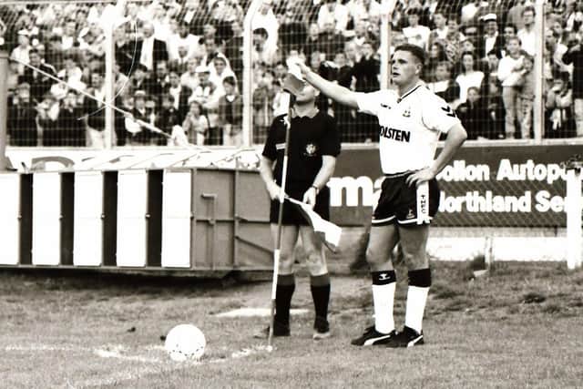 The mercurial Spurs midfielder Paul Gascoigne, fresh from his memorable World Cup campaign with England at Italia ‘90, prepares to take a corner during the 1990 friendly on Foyleside