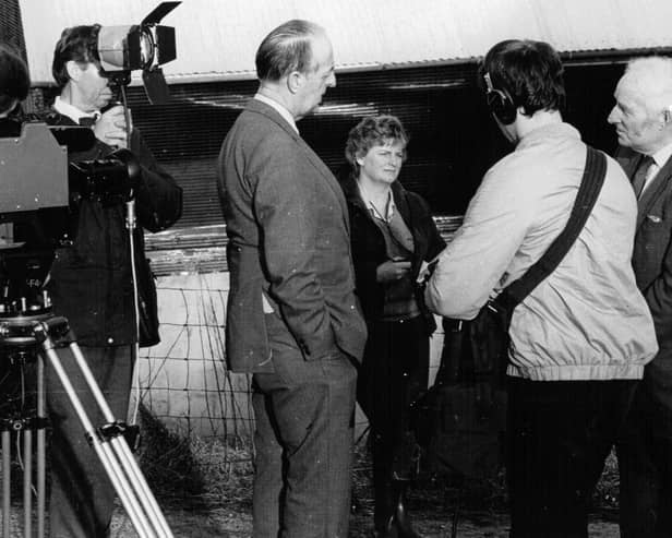 Ms J Johnston and the Farmview crew interview Mr Maher at McGarvey's farm, Cranagh, Co Tyrone in the 1980s. Picture: Farming Life archives