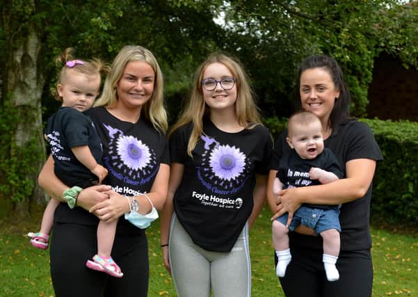 Alisha Diamond, Shelley Diamond and Catherine Healy pictured with little Zara McGuinness and Caodhan O'Donnell at the launch of a family walk from Derry to Buncrana on September 5 to raise funds for the Foyle Hospice in memory of Rosita Healy. Photo George Sweeney.