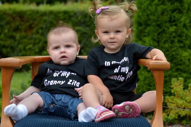 Little Caodhan O'Donnell and Zara McGuinness pictured at the launch of a family walk from Derry to Buncrana on September 5 to raise funds for the Foyle Hospice in memory of Rosita Healy. Photo George Sweeney.