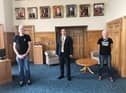 Mayor of Derry City and Strabane District Council, Councillor Brian Tierney, at a meeting in the Mayor's Parlour with Foyle Pride Committee members Sha Gillespie and Jim Doherty.